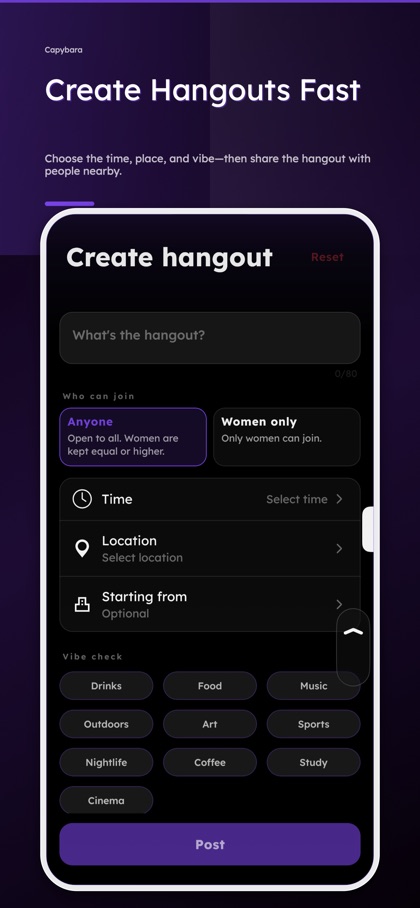 Create a hangout with a time, place and vibe in Capybara