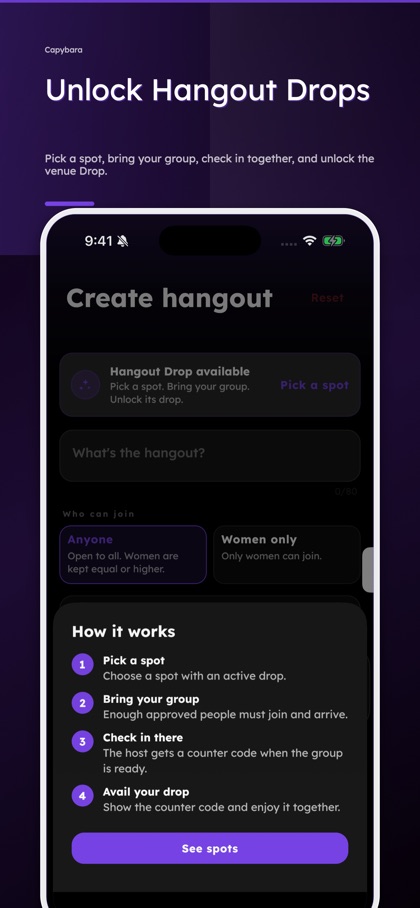 Capybara Hangout Drop flow for groups at participating venues