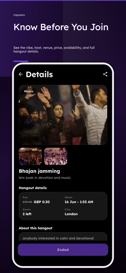 Capybara hangout details showing the host, venue, price and availability