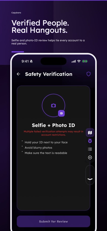 Capybara Safety Verification with selfie and photo-ID review