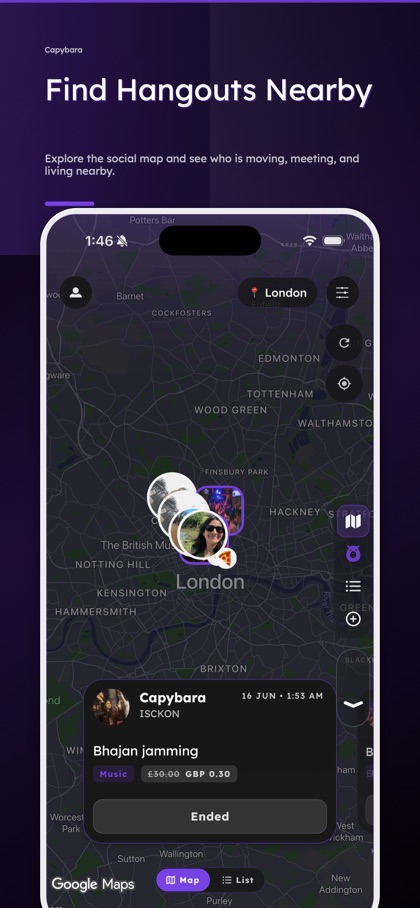 Capybara social map with nearby real-world hangouts